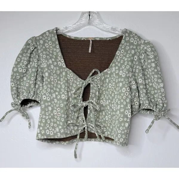 Free People Sweet Sun Crop Top Sz M Green Floral Girlcore Boho Cottagecore Chic - Image 2