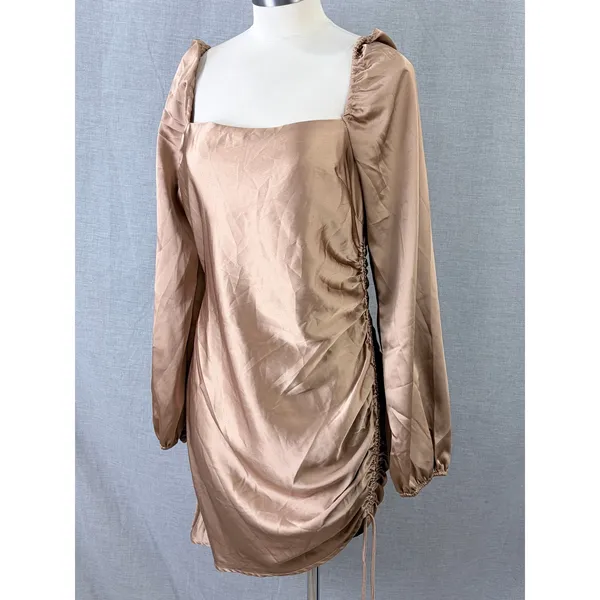 NWT Emory Park Bronze‎ Satin Ruched Mini Dress Square Neck Long Sleeve L - Image 2