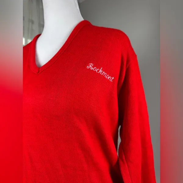 Vintage ‘80s Moorewear Rockmont Summer Camp Red V-Neck Pullover Unisex Sweater - Image 2