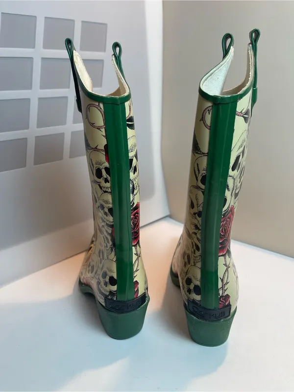 Corkys Edgy Skull Rose Western Cowboy Rain Boots Alternative Grunge Block Heel 8 - Image 8