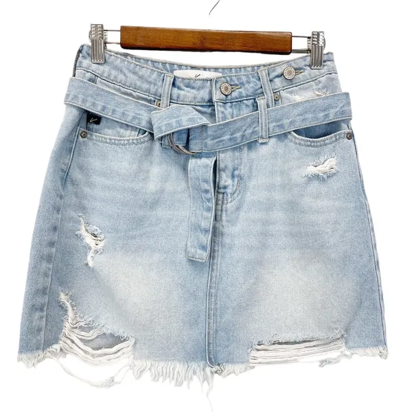 KanCan Denim Mini Skirt Womens Medium Distressed Light Wash Belted Indie‎ Boho - Image 2