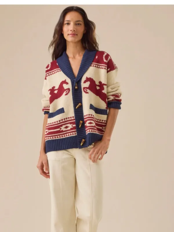 NWOT Altar'd State Bonnie Horse Knit Cream Navy Shawl Collar Cardigan Western - Image 5