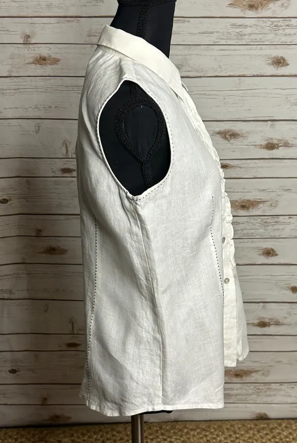 edward white sleeveless ruffle front 100% Irish linen button-up blouse Small - Image 5