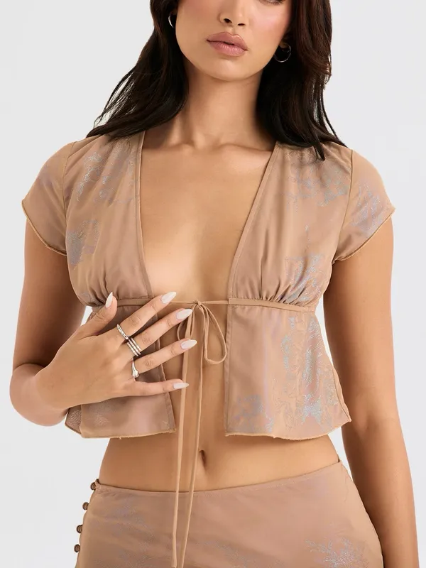 House of CB Maia Shimmer Cafe Au Lait Tie Front Top XS - Image 7