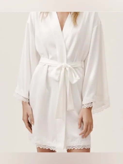 Flora Nikrooz X Anthropologie ivory Lace-Trim slip dress nightgown & Robe Set - Image 7