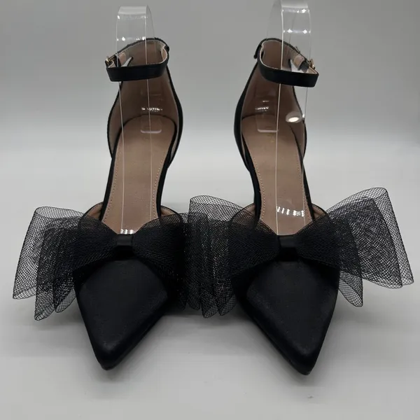 NEW Allegra K Heels Womens 9 Black‎ Pointed Toe Ankle Strap Pumps Bow Stiletto - Image 2