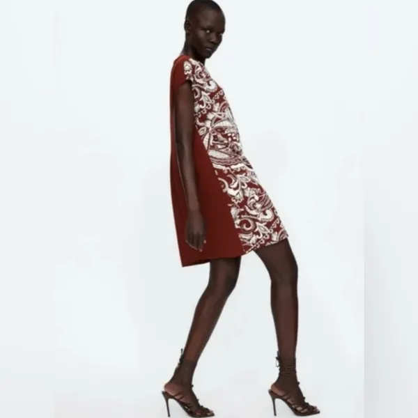 ZARA Paisley Textured Print Mini Shift Dress Burnt‎ Brick & White Size Small - Image 6