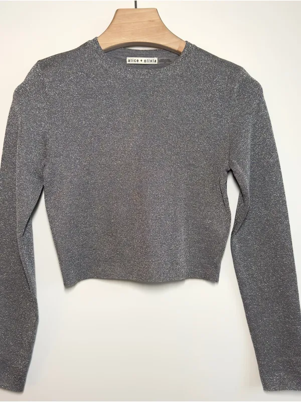 Alice + Olivia Ciara Silver Metallic Cropped Sweater Top Size Small Glam Y2K - Image 4