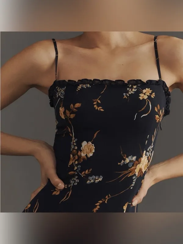 NEW REFORMATION Lilibet Floral Ruffle navy Dress sz 2 - Image 2