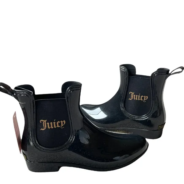 NWT Juicy Couture Black Sparkle Rain Chelsea Logo Boots SZ-9 - Image 4