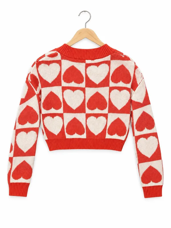NWT Madden NYC Small Red Cream Heart print Vneck Cropped Knit valentine sweater - Image 3