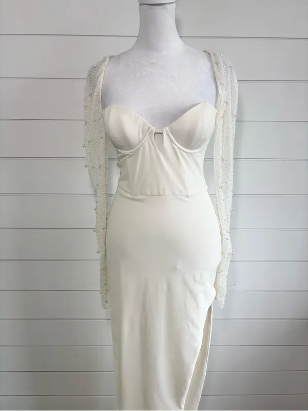 Oh Polly Ivory Pearl Beaded Sleeve Maxi Dress High Slit Formal Gown Size 4 - Image 3