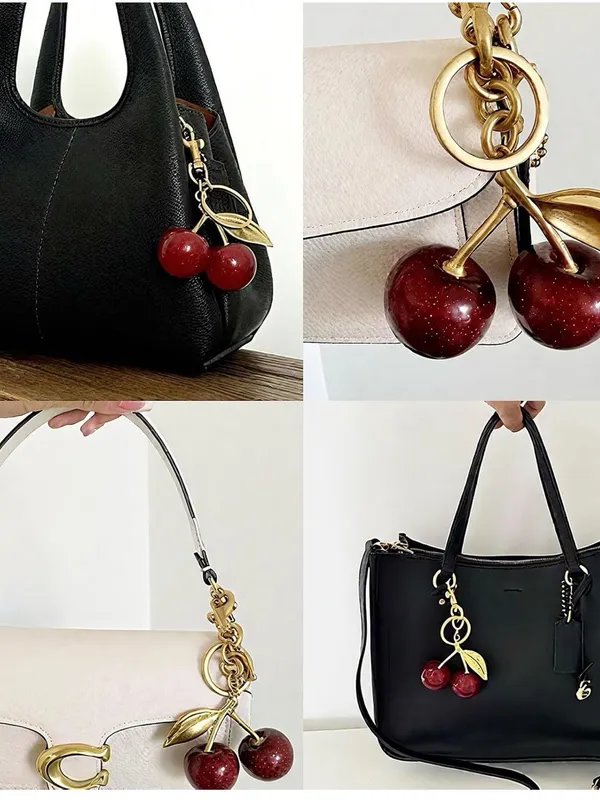 Gold Cherry Keychain Bag Charm with Red Glitter Cherries - Image 3