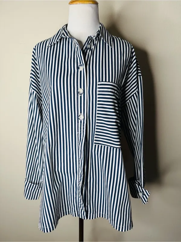 Zara Blue and White Striped Poplin Button Down - Image 2