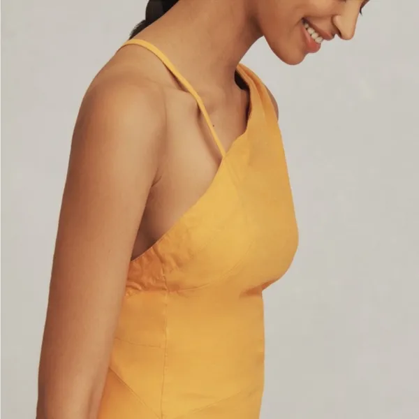 Anthropologie Sleeveless Asymmetrical Open Back Linen Midi Dress 14‎ Orange - Image 3