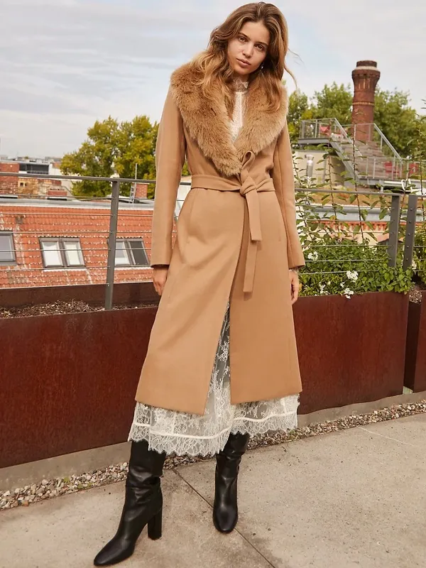 Wilfred Faux-Fur Long Wrap Coat Wool XS - Camel - Image 6