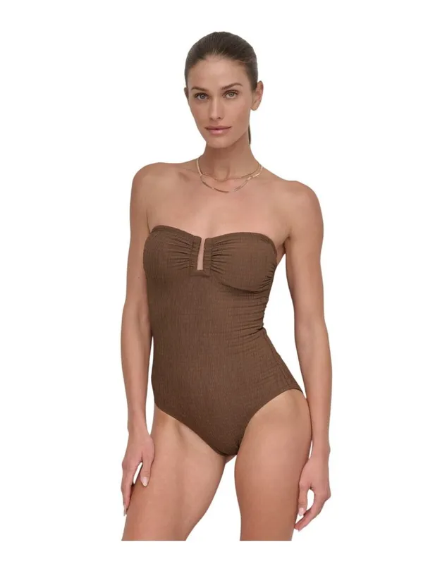 NEW DKNY Womens Textured Shirred One-Piece Swimsuit DIMMS605 Mocha Brown 2XL - Image 7