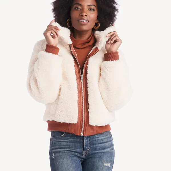 Blank NYC Faux Shearling Crop Jacket Small Marshmellow Brown - Image 3