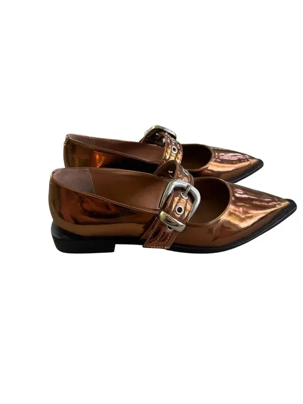 Anthropologie Maeve Pointed Toe Moto Mary Janes Bronze Metallic 38 - Image 4