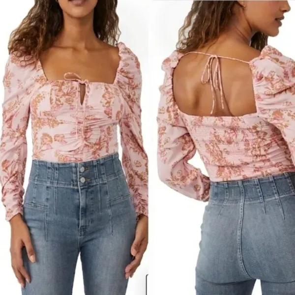 NWT * FREE PEOPLE Hillary Print Top in Pink Combo - Image 2