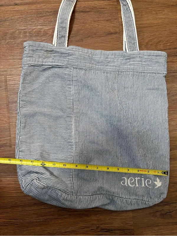 Aerie Striped Canvas Tote Bag Blue White Pocket Casual Beach Shopping Bag - Image 4