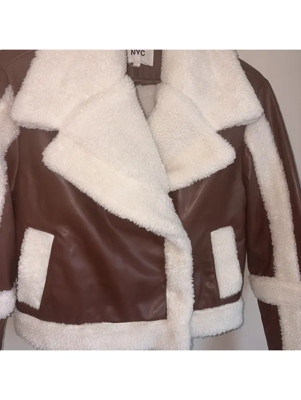 Madden NYC Brown Faux Leather & Sherpa Moto Jacket Size XXS - Image 4