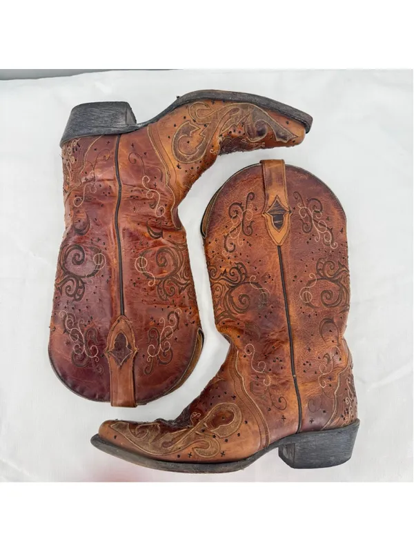 Sterling River Cowboy Boots Brown Leather Embroidery 11” Shaft Western Size 6.5 - Image 3