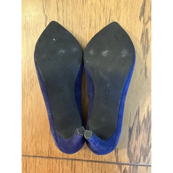 Anthropology Lien Do Blue Suede Pointed Toe Stiletto Pump Pom Pom Slip On US 7 - Image 8