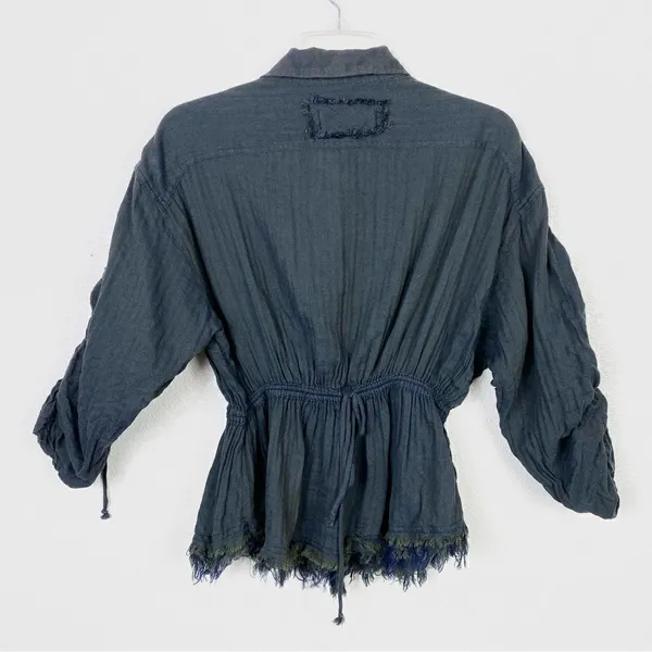 Free People Pacific Dawn Dark Grey Distressed Fitted Waist Scrunched Sleeve Top - Image 5