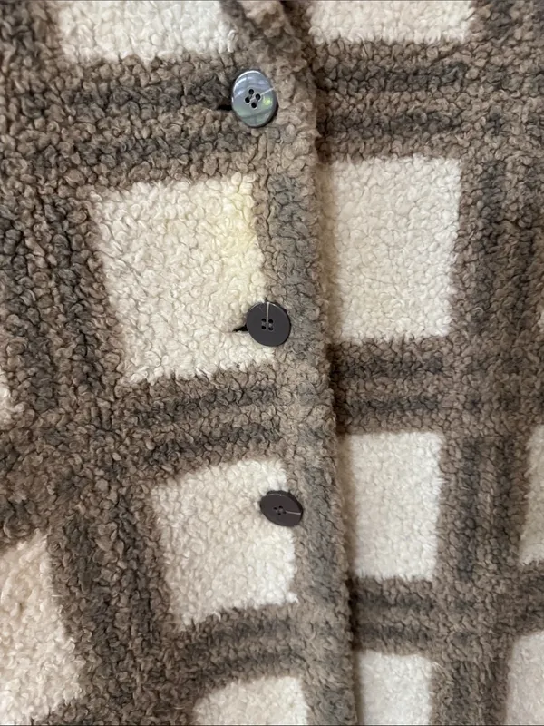 NVLT Cream and Brown Plaid Faux-Shearling Teddy Coat Size Medium - Image 8
