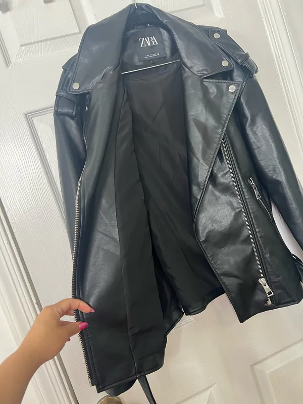 Zara Faux Leather Moto Jacket Biker Grunge Streetwear Belted Black Size L - Image 5
