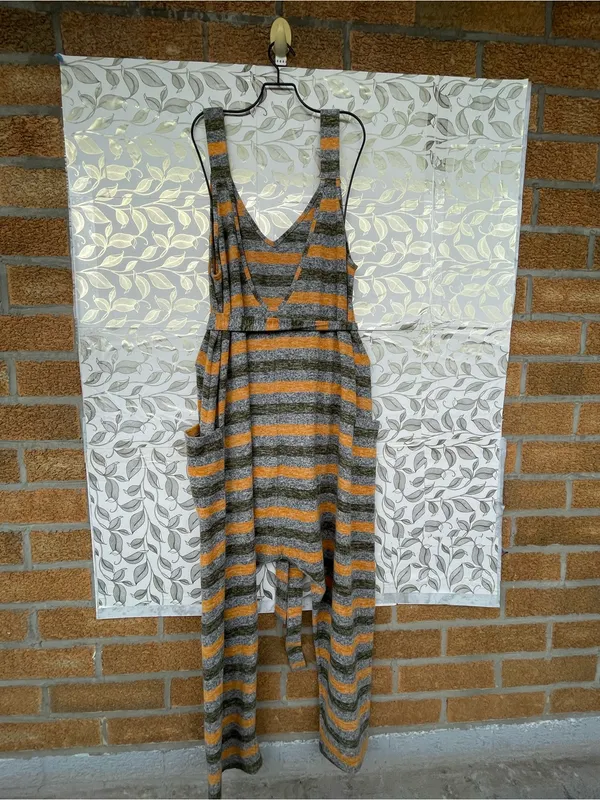 Free People Striped Cozy Knit Jumpsuit Lagenlook Boho Drop Crotch Pocket L - Image 7