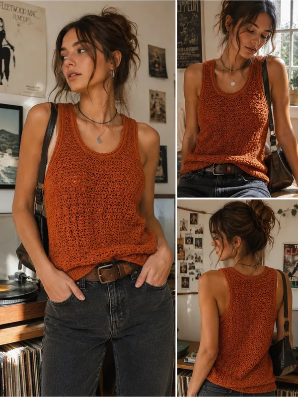 Aerie Rust Orange Crochet Knit Sleeveless Sweater Tank Top Boho Festival Medium - Image 2