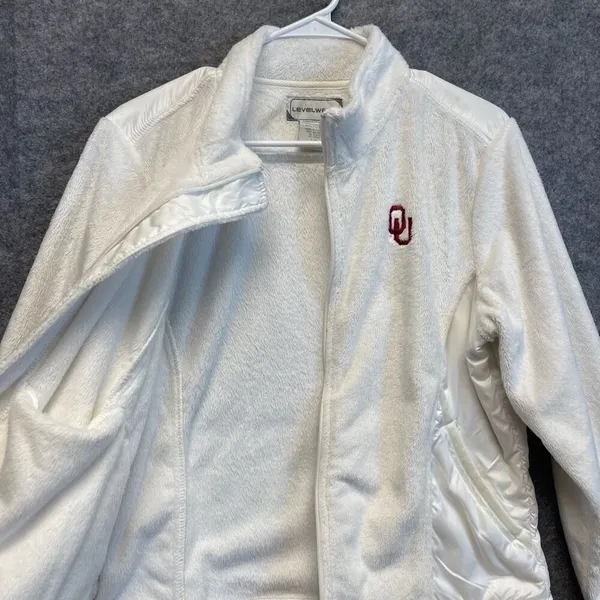 OU Jacket Women's Large White Full‎ Zip Oklahoma University Logo Faux Fur Soft - Image 13
