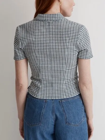 Madewell Mineral Blue Gingham Cropped Button Front Top Medium Stretch Plaid Y2K - Image 5