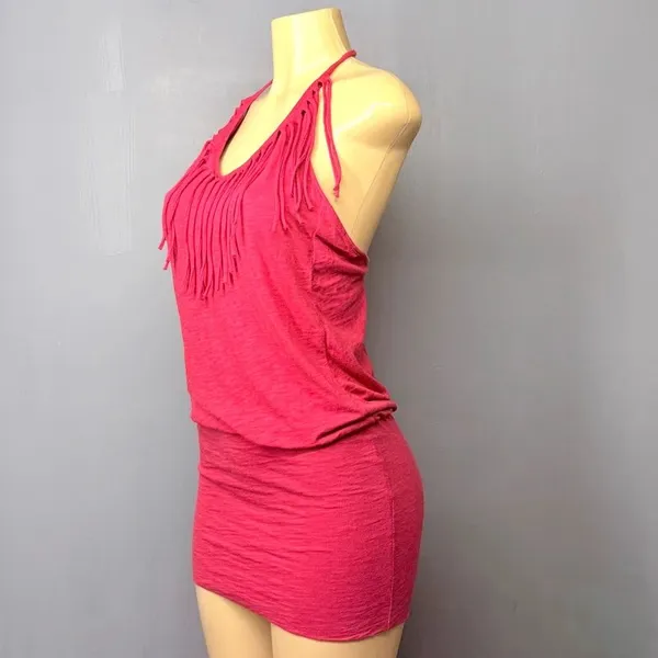 Red Heather Fringe Halter Micro Mini Dress Medium Bodycon - Image 3