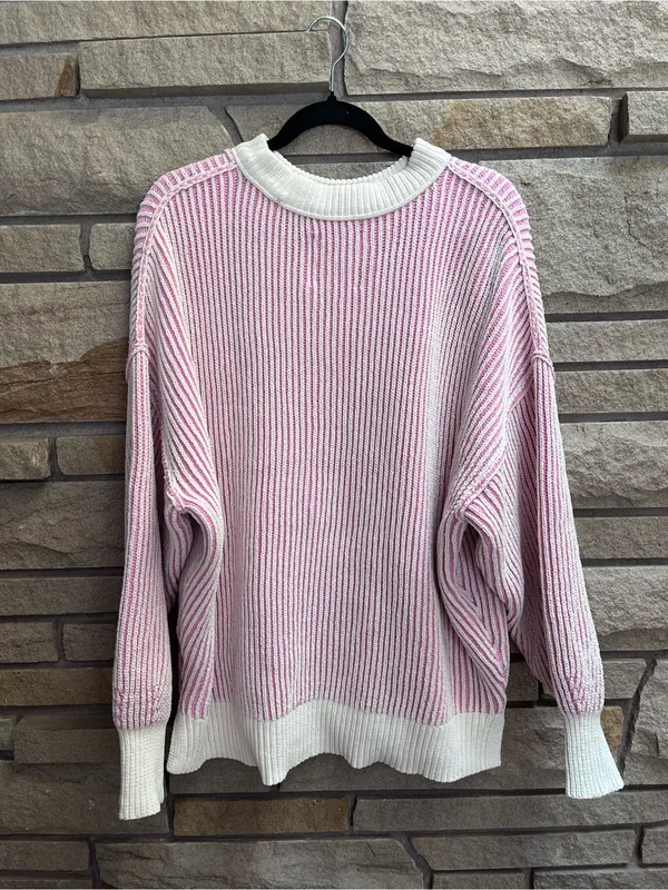 Aerie Beyond Chenille Pink & Cream White Sweater Ribbed Oversized Medium - Image 5