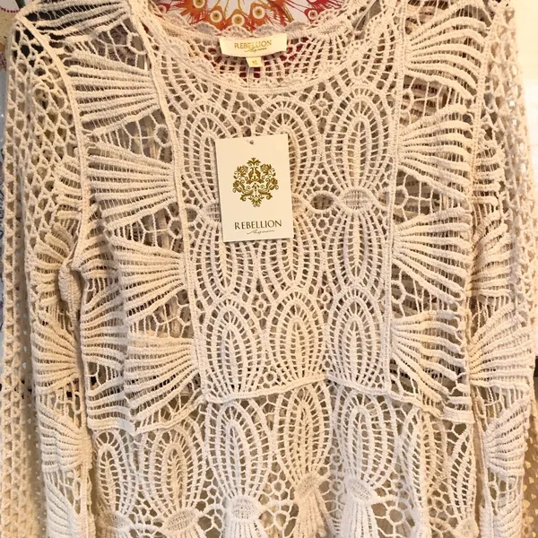 Rebellion NEW Cream Cotton Crochet Long Sleeve Sweater M - Image 3