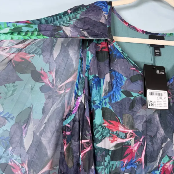 Ulla Popken Size-20/22-Tropical Cape Floral Pleated Chiffon Dress‎ Teal - Image 13