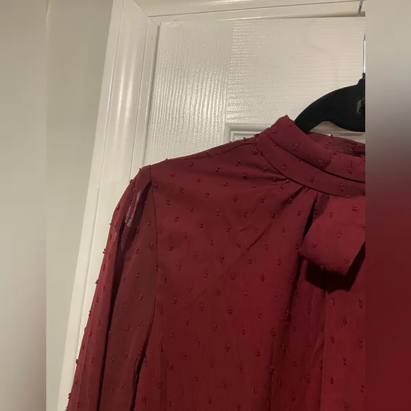 NWT Aconiya Size M Burgundy Swiss Dot Chiffon Lined High Neck Bow Lined Top - Image 5