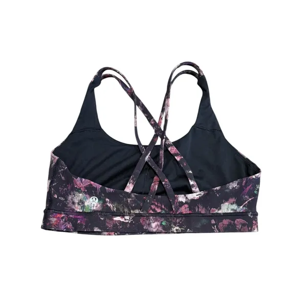 Lululemon Energy Bra Sz 10 Purple Black Floral Illusion Strappy Workout Yoga Gym - Image 2