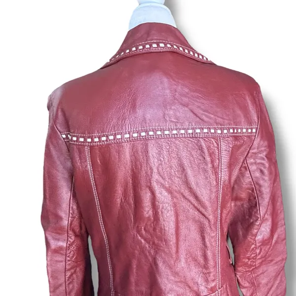 Vintage 70s Burgundy Leather Longline Trench Coat White Whipstitch Western Ranch - Image 10