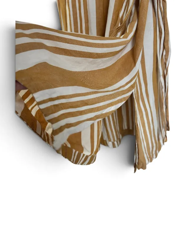 Ann Taylor Camel & White Striped Linen Blend Maxi Dress | Size Large | Belted - Image 4