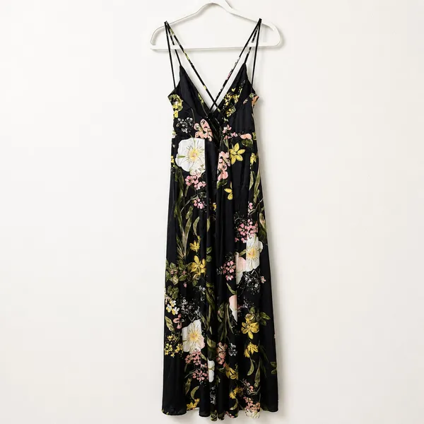 NEW Lulus Black Floral Satin Surplice V-Neck Strappy Back Maxi Dress, Large - Image 5