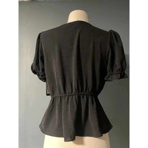 Melrose and Market Black V Neck Peplum‎ Top Puff Sleeve Button Front XS - Image 3