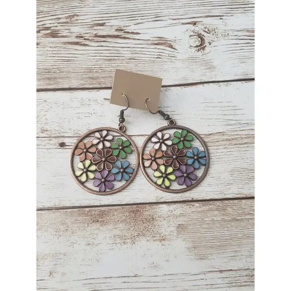Beautiful Large Multi Color Flower Circle Earrings Statement - Brand New - Image 3
