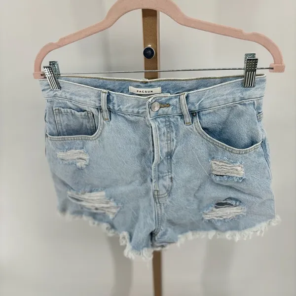 PacSun distressed button fly vintage high rise denim shorts size 30 100% cotton - Image 9
