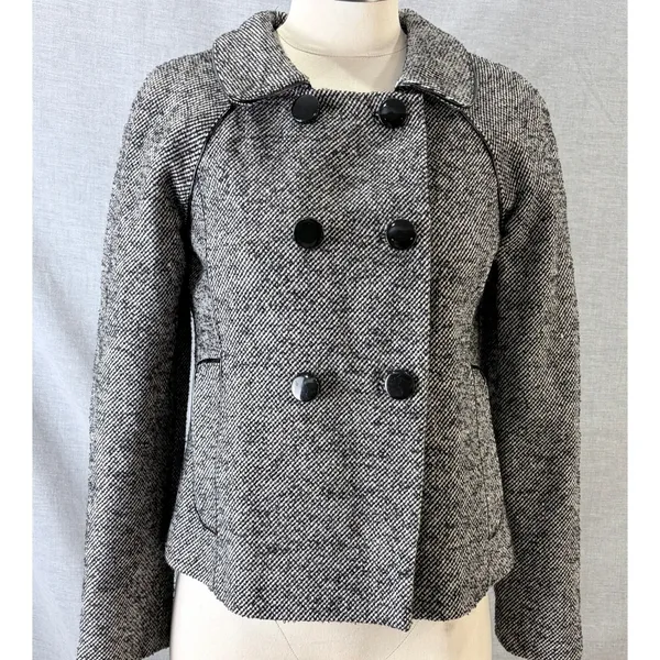 Banana Republic Pea Coat Black White Tweed Wool Blend Double Breasted 4 - Image 2