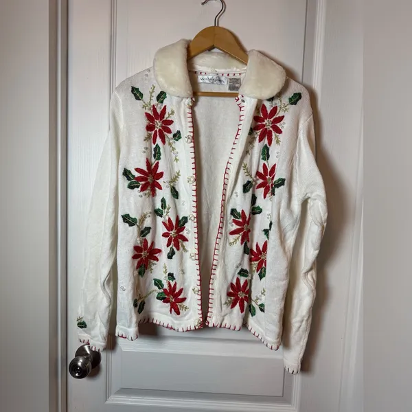VINTAGE Victoria Jones White Embroidery Christmas Cardigan size L - Image 3