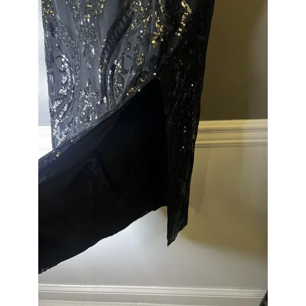 Lulus Dress Womens XS Black Sequin Square Neck Maxi Side Slit Evening Gown - Image 4